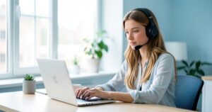 Assistante virtuelle avec casque travaillant sur un ordinateur portable dans un bureau lumineux
