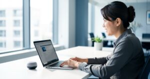 Professionnel utilisant un assistant vocal IA à son bureau