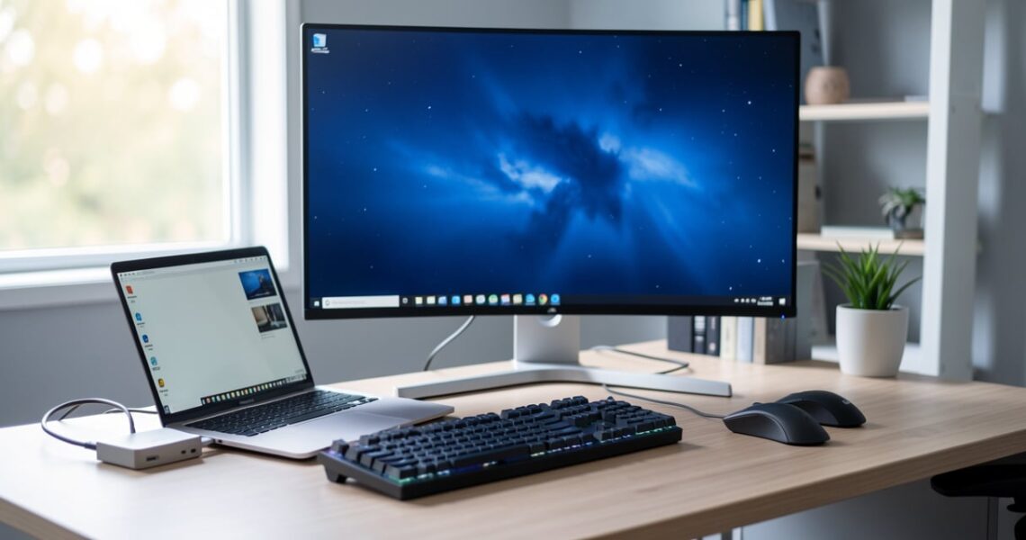 Poste de télétravail équipé d'un ordinateur portable, écran externe, clavier et station d'accueil