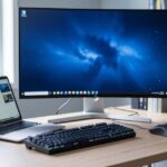 Poste de télétravail équipé d'un ordinateur portable, écran externe, clavier et station d'accueil
