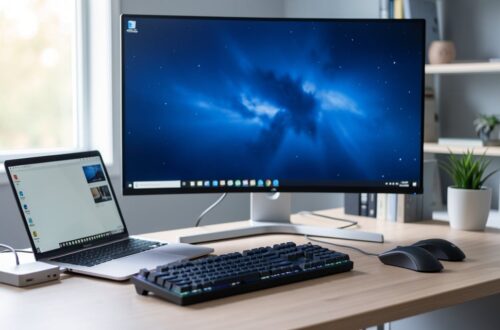 Poste de télétravail équipé d'un ordinateur portable, écran externe, clavier et station d'accueil