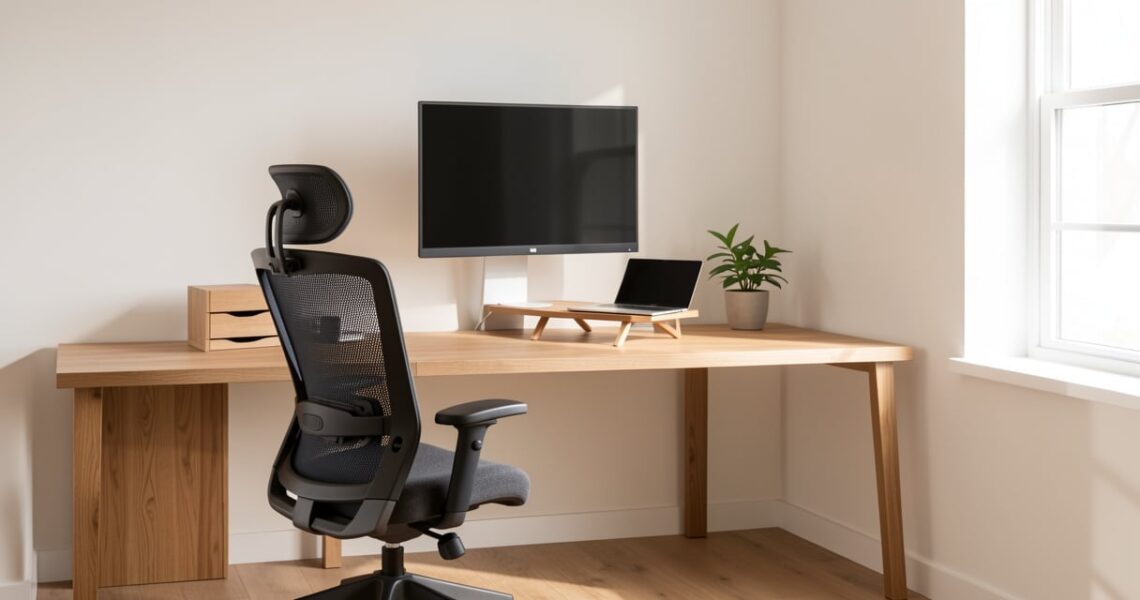 Bureau a domicile ergonomique amenage avec chaise, ecran externe et lumiere naturelle