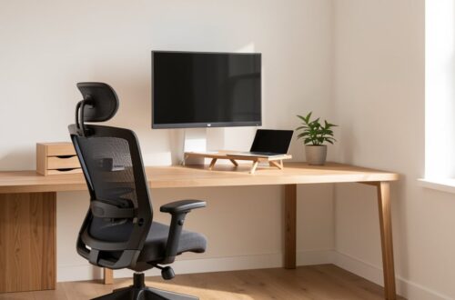 Bureau a domicile ergonomique amenage avec chaise, ecran externe et lumiere naturelle
