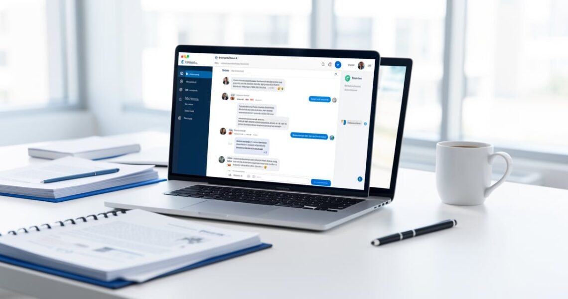 Ordinateur portable sur un bureau de secretariat affichant une interface de conversation