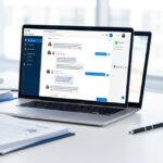 Ordinateur portable sur un bureau de secretariat affichant une interface de conversation