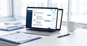 Comment utiliser ChatGPT pour automatiser ses tâches administratives Ordinateur portable sur un bureau de secretariat affichant une interface de conversation