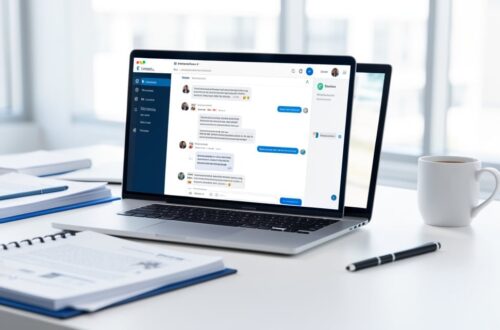 Ordinateur portable sur un bureau de secretariat affichant une interface de conversation