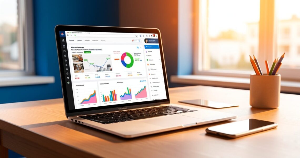 Bureau avec ordinateur affichant une boutique en ligne et des statistiques publicitaires
