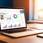 Bureau avec ordinateur affichant une boutique en ligne et des statistiques publicitaires