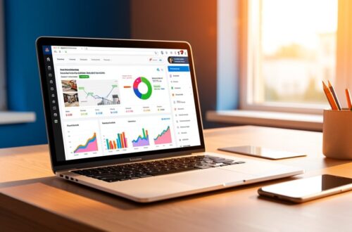 Bureau avec ordinateur affichant une boutique en ligne et des statistiques publicitaires