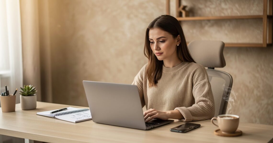 Assistante virtuelle en teletravail a son bureau avec ordinateur portable