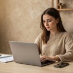 Assistante virtuelle en teletravail a son bureau avec ordinateur portable