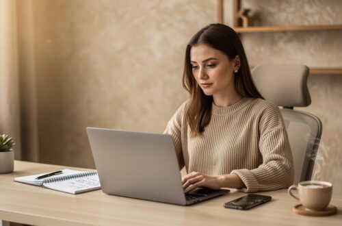 Assistante virtuelle en teletravail a son bureau avec ordinateur portable
