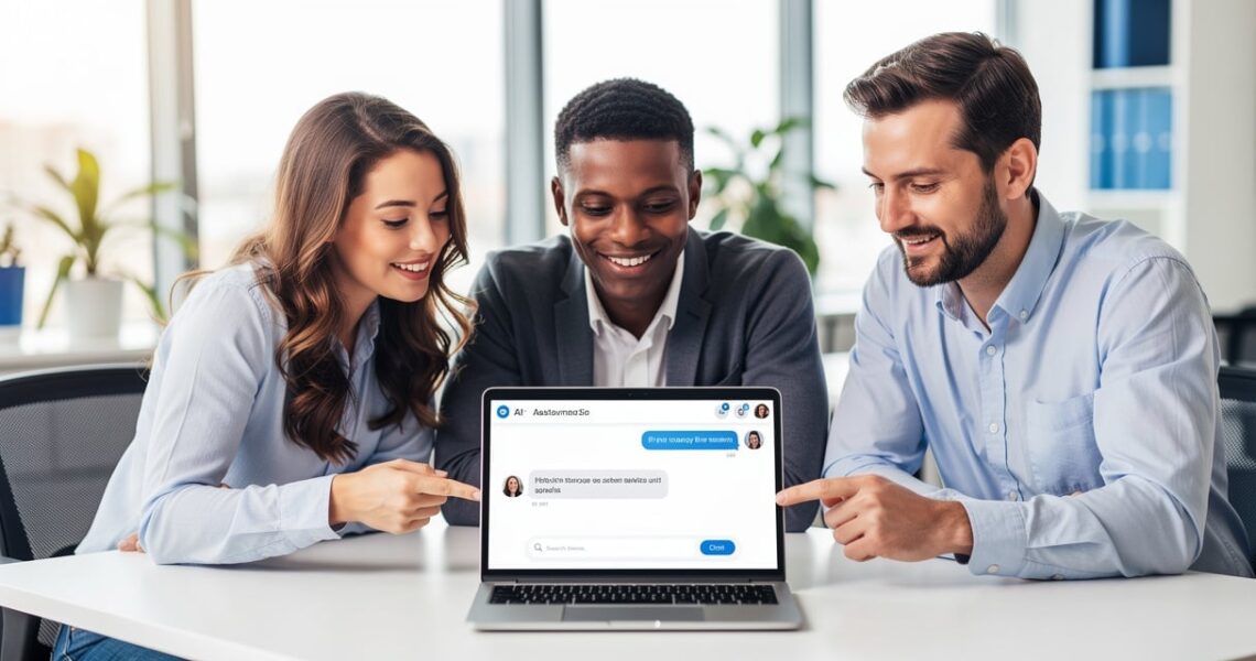 Equipe d'une PME utilisant un assistant IA sur ordinateur portable dans un bureau lumineux