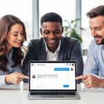 Equipe d'une PME utilisant un assistant IA sur ordinateur portable dans un bureau lumineux