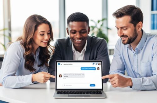 Equipe d'une PME utilisant un assistant IA sur ordinateur portable dans un bureau lumineux