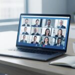 Réunion de visioconférence professionnelle sur un ordinateur portable dans un bureau moderne