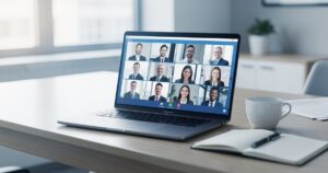 Meilleur logiciel de visioconférence pour entreprise : Zoom, Teams, Meet, Webex et Whereby au banc d'essai Réunion de visioconférence professionnelle sur un ordinateur portable dans un bureau moderne