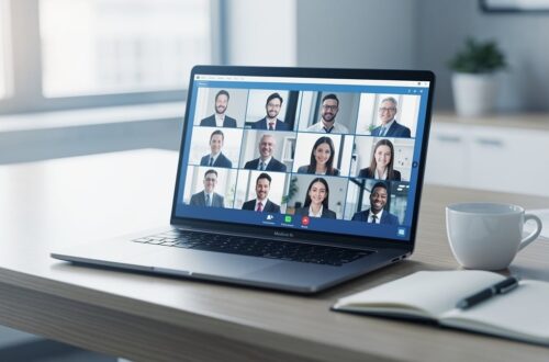 Réunion de visioconférence professionnelle sur un ordinateur portable dans un bureau moderne