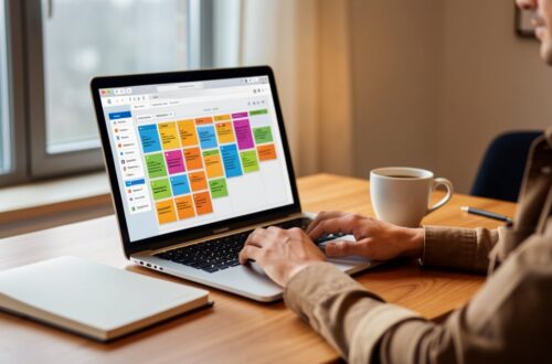 Freelance organisant ses projets sur un tableau de taches depuis son bureau