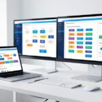 Poste de travail dans une entreprise avec des tableaux de bord d'automatisation affiches a l'ecran