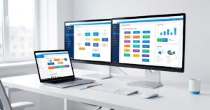 Agent IA autonome pour entreprise : les meilleurs outils testés en 2026 Poste de travail dans une entreprise avec des tableaux de bord d'automatisation affiches a l'ecran
