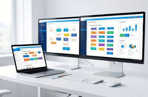 Poste de travail dans une entreprise avec des tableaux de bord d'automatisation affiches a l'ecran