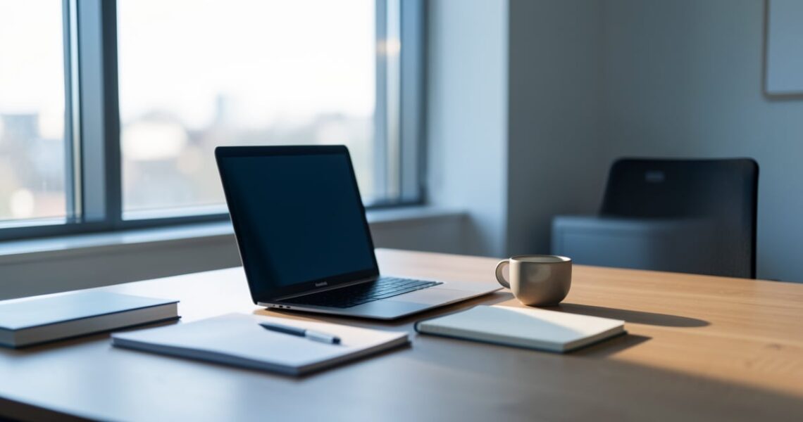 Bureau professionnel avec ordinateur portable ouvert et carnet, lumiere naturelle du matin