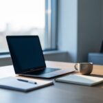 Bureau professionnel avec ordinateur portable ouvert et carnet, lumiere naturelle du matin