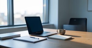 Bureau professionnel avec ordinateur portable ouvert et carnet, lumiere naturelle du matin