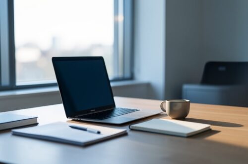 Bureau professionnel avec ordinateur portable ouvert et carnet, lumiere naturelle du matin