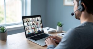 Personne en télétravail portant un casque micro sans fil pendant une visioconférence