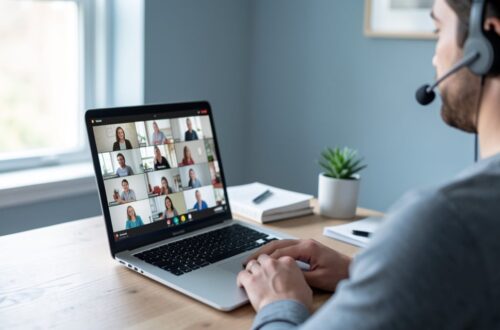 Personne en télétravail portant un casque micro sans fil pendant une visioconférence