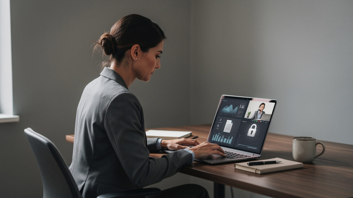 Une dirigeante de PME travaille dans un bureau sobre avec une assistante administrative à distance sur un tableau de bord numérique sécurisé.