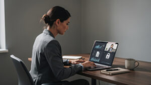 Une dirigeante de PME travaille dans un bureau sobre avec une assistante administrative à distance sur un tableau de bord numérique sécurisé.