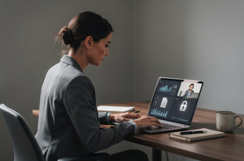 Une dirigeante de PME travaille dans un bureau sobre avec une assistante administrative à distance sur un tableau de bord numérique sécurisé.