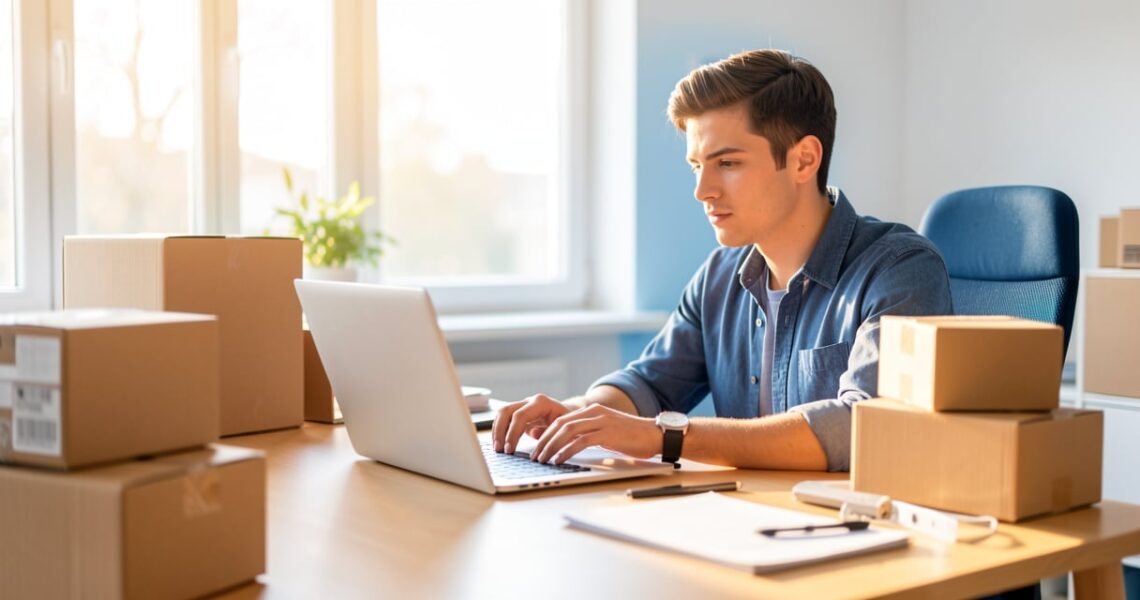 Entrepreneur e-commerce travaillant sur son ordinateur portable entoure de colis