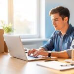 Entrepreneur e-commerce travaillant sur son ordinateur portable entoure de colis