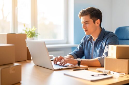 Entrepreneur e-commerce travaillant sur son ordinateur portable entoure de colis