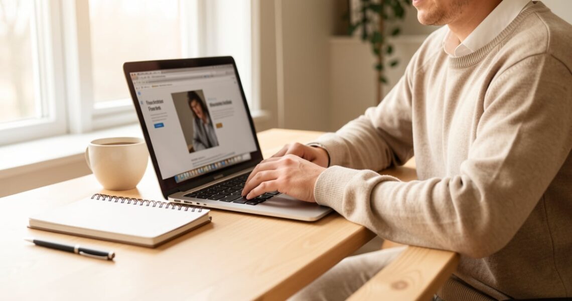 Rédacteur web freelance travaillant sur son ordinateur portable dans un bureau lumineux