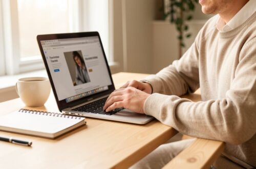 Rédacteur web freelance travaillant sur son ordinateur portable dans un bureau lumineux