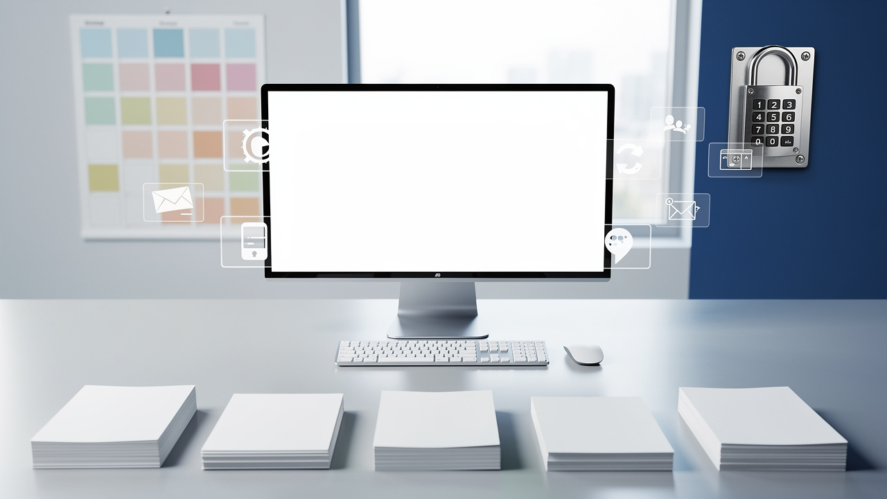 Espace de travail administratif moderne avec ordinateur, factures vierges, calendrier visuel et dispositif de contrôle des accès.