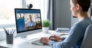 Meilleure webcam pour visioconférence en 2026 : le comparatif télétravail Webcam externe posée sur un écran pour une visioconférence en télétravail