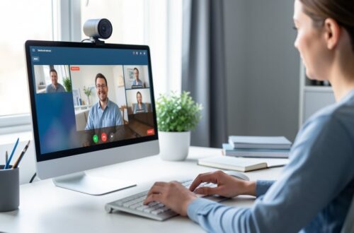 Webcam externe posée sur un écran pour une visioconférence en télétravail