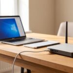 Bureau de teletravail avec ordinateur portable relie a la box par un cable Ethernet