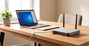 Bureau de teletravail avec ordinateur portable relie a la box par un cable Ethernet