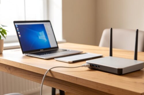 Bureau de teletravail avec ordinateur portable relie a la box par un cable Ethernet