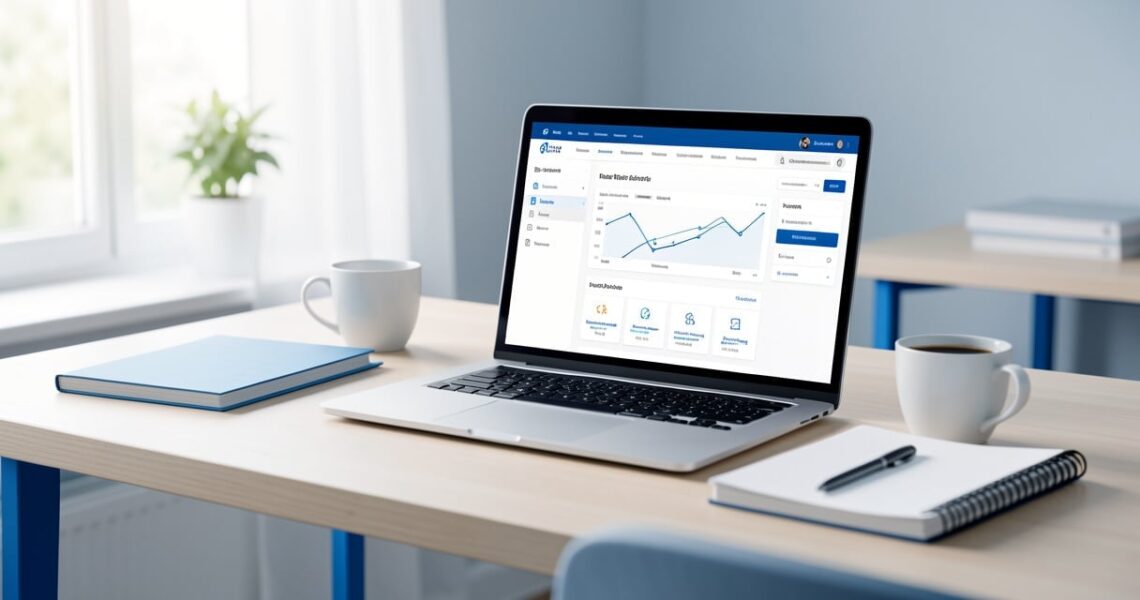 Ordinateur portable affichant le tableau de bord WordPress sur un bureau professionnel