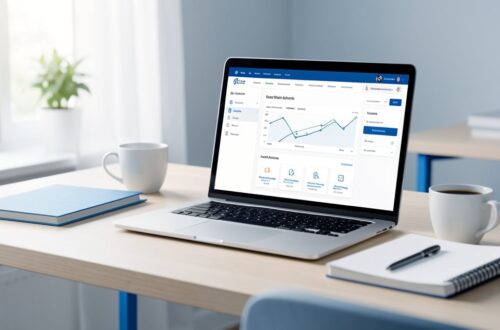 Ordinateur portable affichant le tableau de bord WordPress sur un bureau professionnel