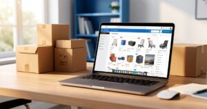 Quel plugin WooCommerce pour le dropshipping : le comparatif qui tranche Bureau avec ordinateur portable affichant un tableau de bord de boutique en ligne et cartons d'expédition